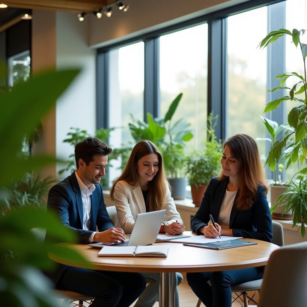 Equipo de FinanzApp en la oficina principal